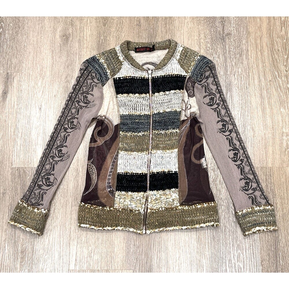 Vintage Y2K Top Lulu H Paris Large Mesh Knit Mixed Media Patchwork Grunge Jacket